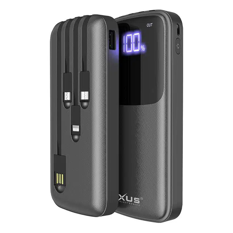 Rixus powerbank 10.000 mAh med indbygget kabler - reFix.dk