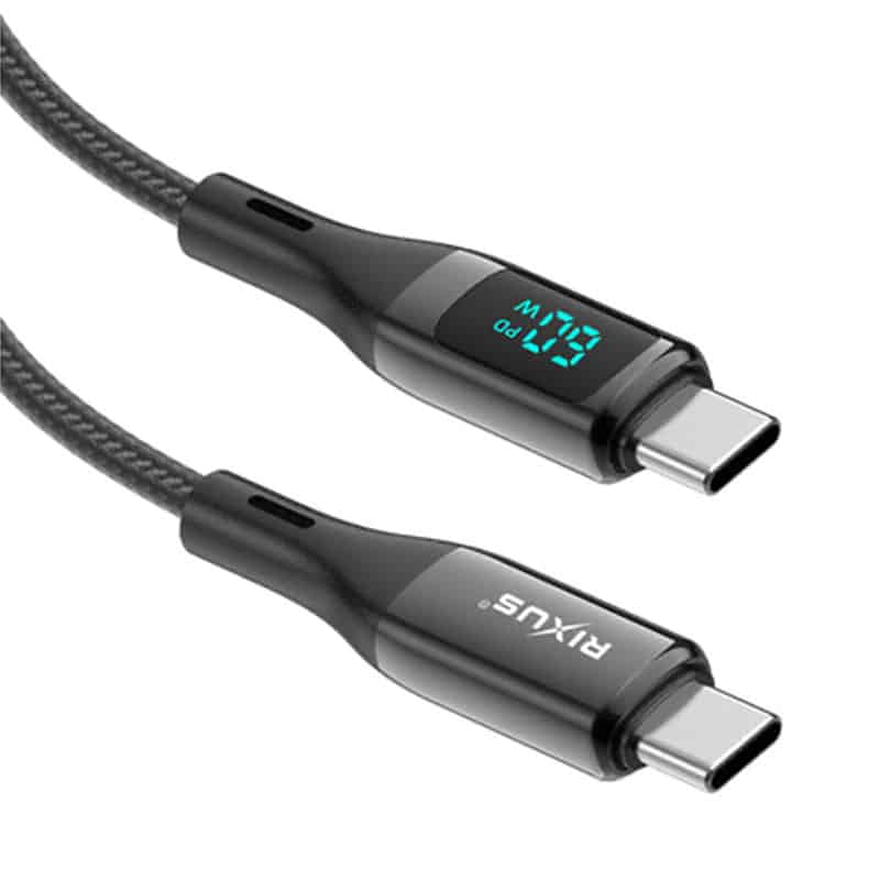 Rixus USB-C til USB-C opladerkabel med LED Display - Sort - reFix.dk