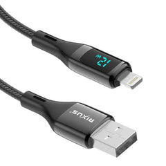 Rixus USB til Lightning opladerkabel med LED Display - Sort - reFix.dk