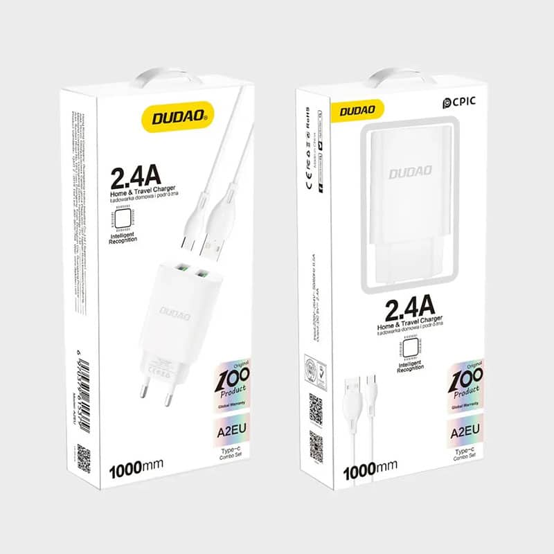 Dudao 12W hurtig oplader med USB-C kabel (1m) (2x USB-A)