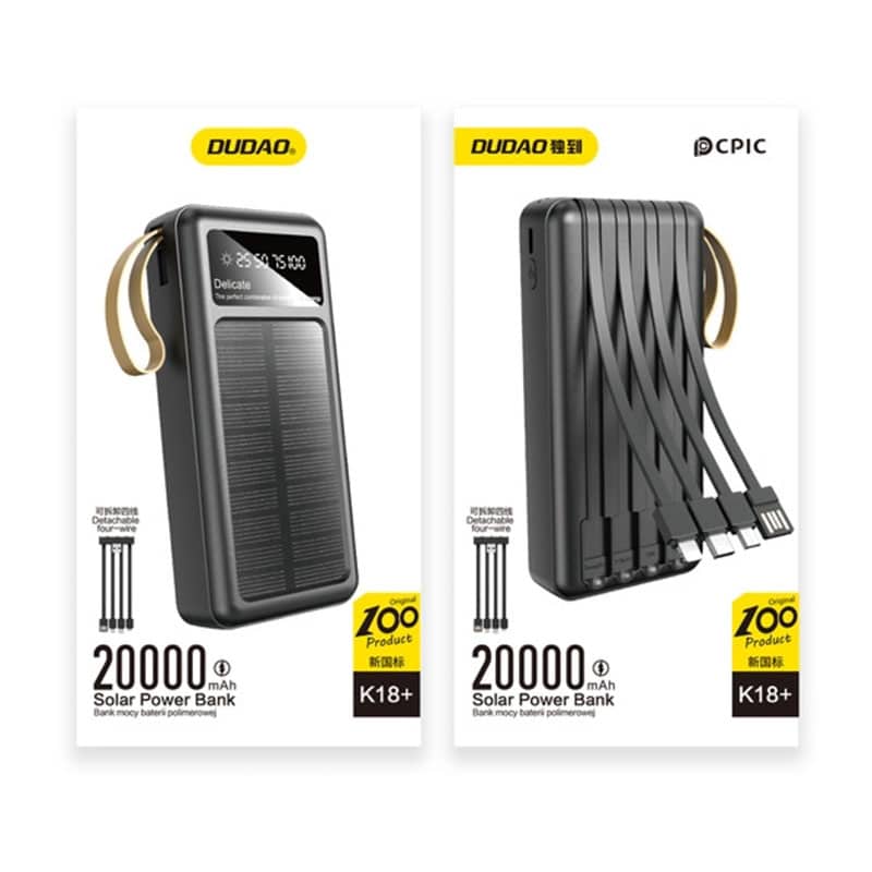 Dudao 20000mAh solcelle powerbank med USB-C / lightning kabel - Sort
