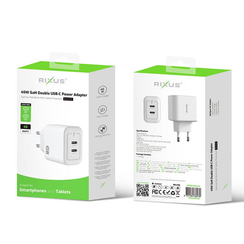 Rixus 45W dobbelt USB-C strømforsyning