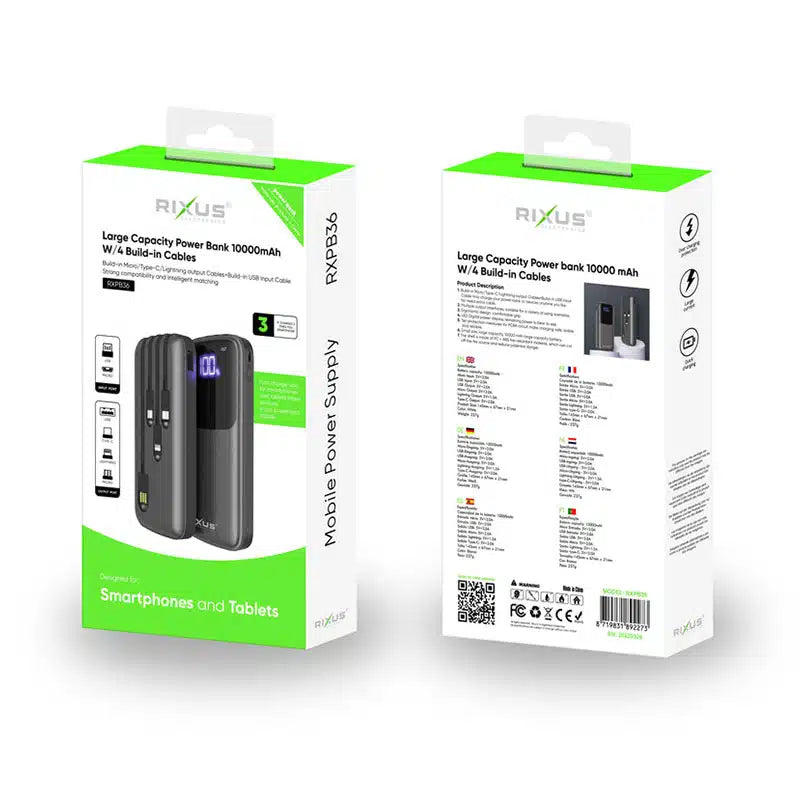 Rixus powerbank 10.000 mAh med indbygget kabler (lightning, USB-C, Micro-USB og USB-A kabel)