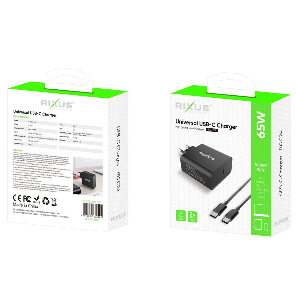 Rixus 65W Universel USB-C Oplader - sort - 2 - reFix.dk