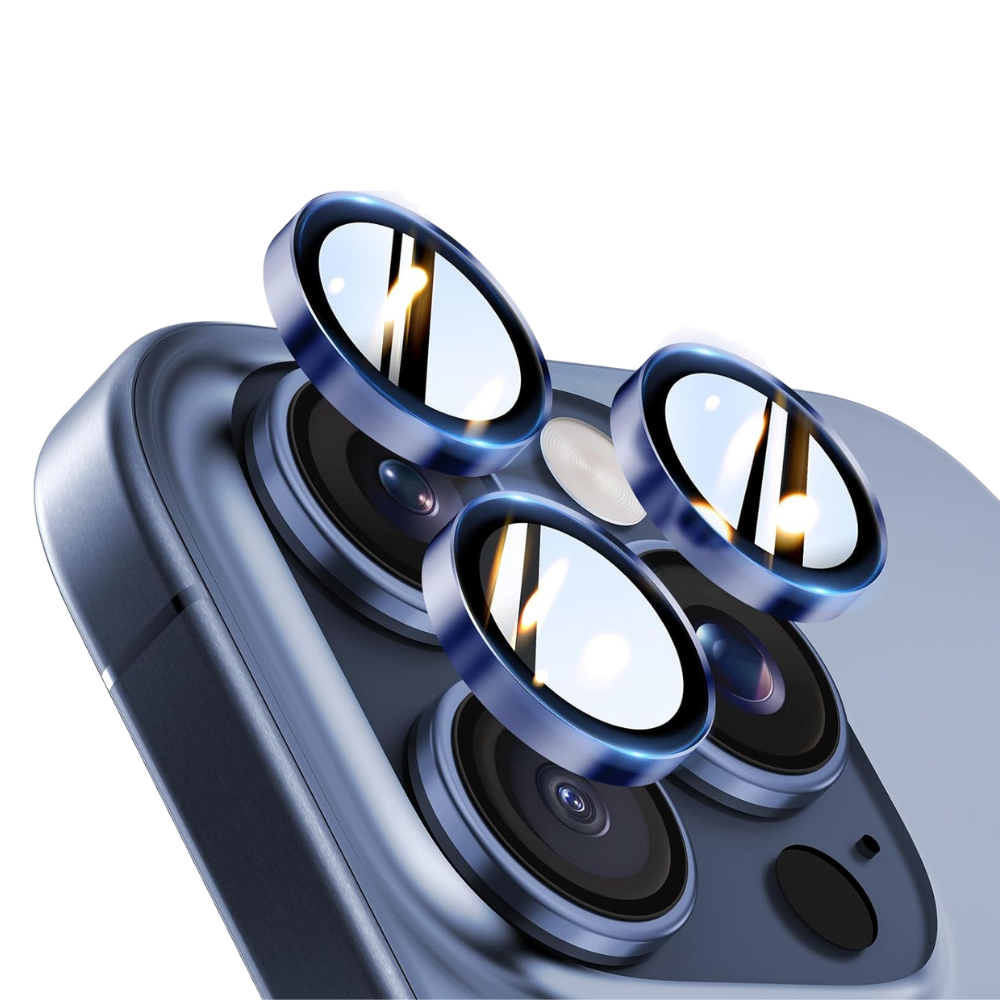 iPhone 15 Pro / Pro Max Kamera Linse Beskyttelse – Metal & Hærdet Glas (HD) - Blå titanium - reFix.dk