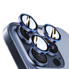 iPhone 15 Pro / Pro Max Kamera Linse Beskyttelse – Metal & Hærdet Glas (HD) - Blå titanium - reFix.dk