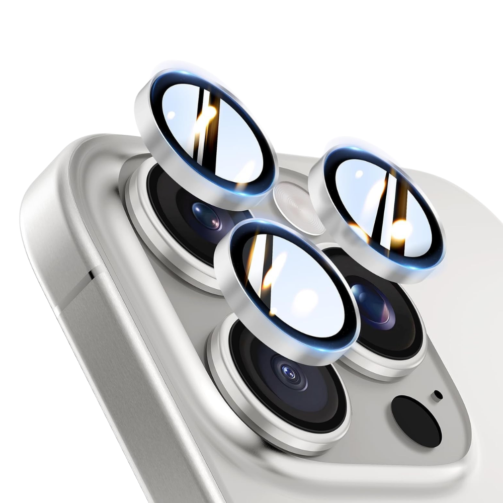 iPhone 15 Pro / Pro Max Kamera Linse Beskyttelse – Metal & Hærdet Glas (HD) - Hvid titanium - reFix.dk