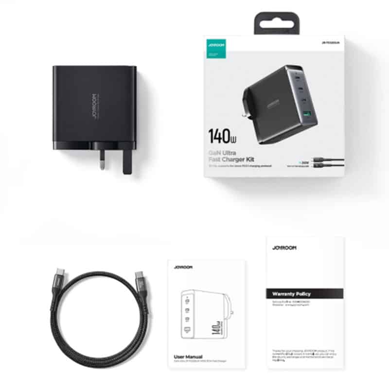 Joyroom 140W GaN hurtig oplader - 3xUSB-C og 1xUSB - Pakkens indhold - reFix.dk