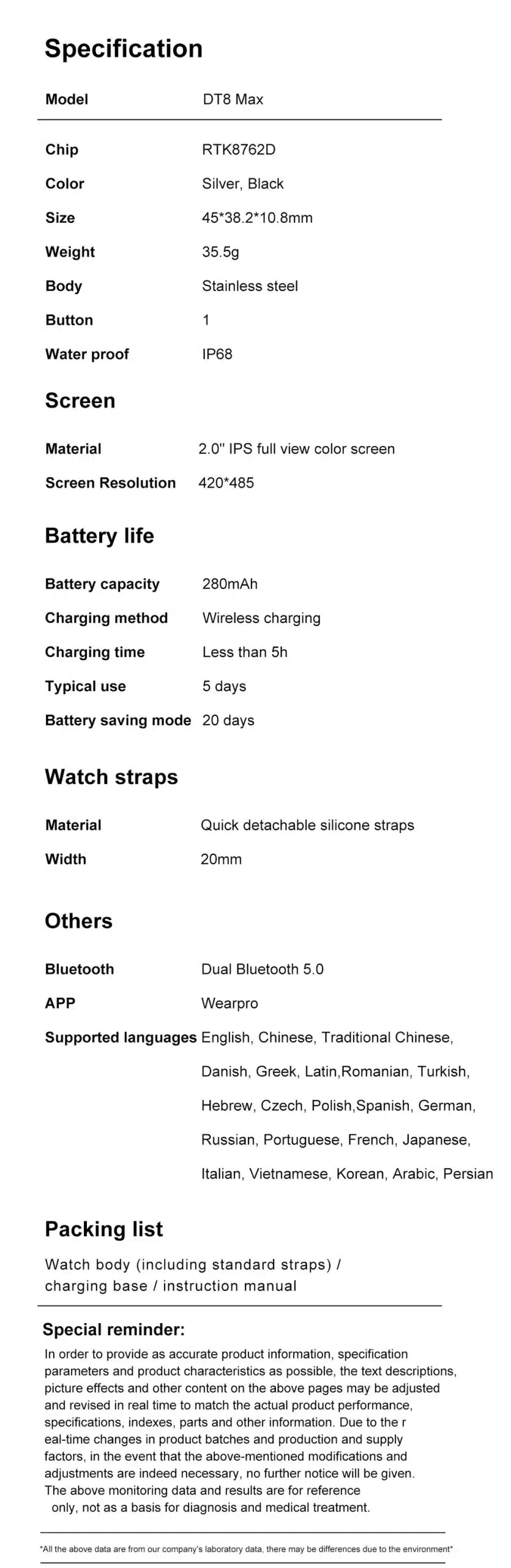 DTNO 1 DT8 Max Smart Watch specifikationer