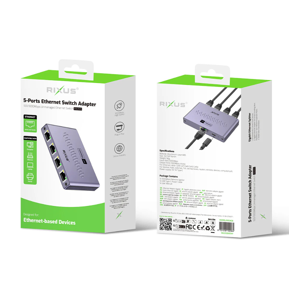 Rixus 5-Ports Ethernet Switch Adapter (1000Mbps) - Pakkens indhold - reFix.dk