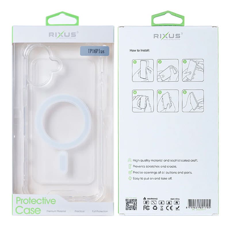 Rixus Anti-burst cover med MagSafe til iPhone 16 Plus - Pakkens indhold - reFix.dk