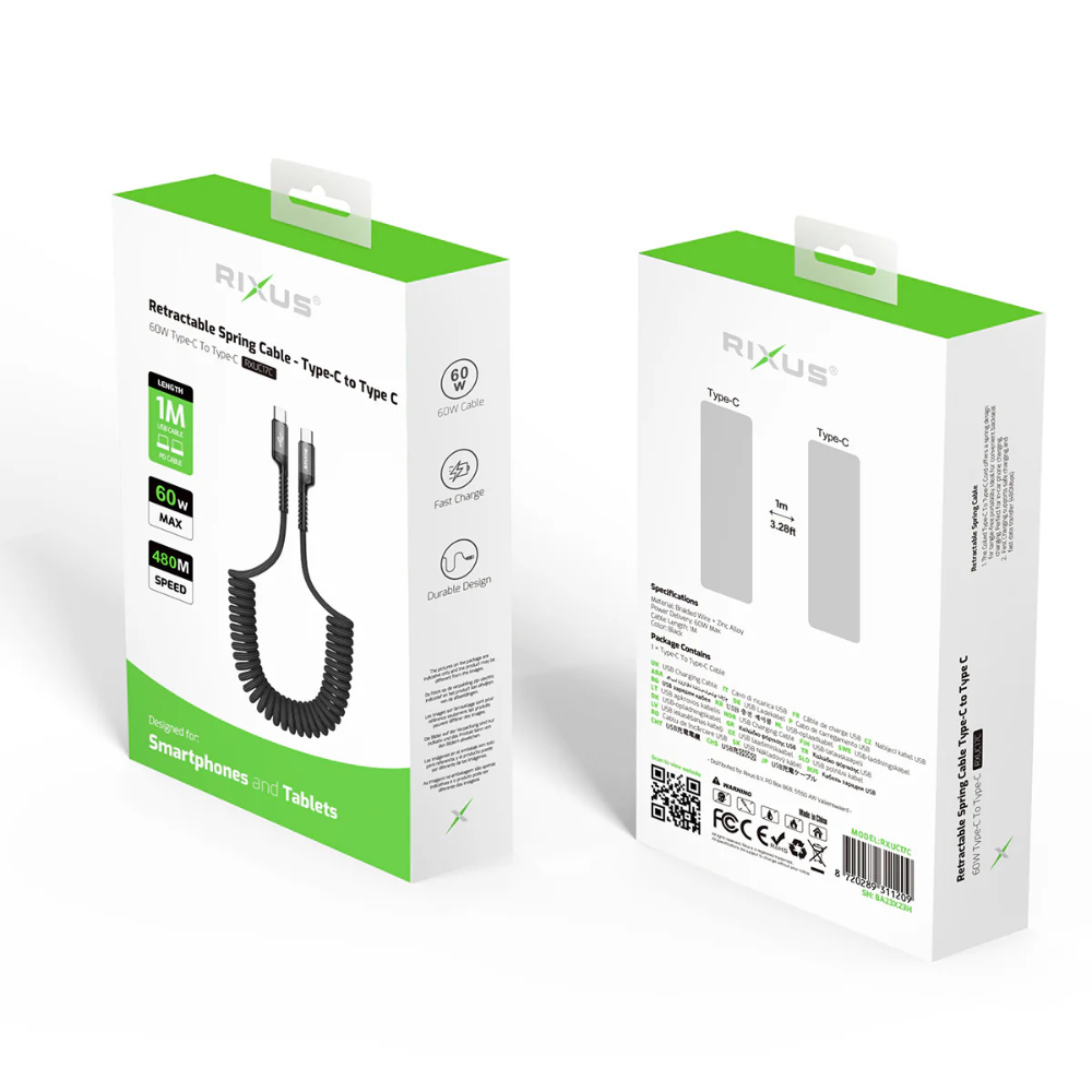 Rixus Udtrækkeligt USB-C til USB-C Opladerkabel (60W) - Pakkens indhold - reFix.dk