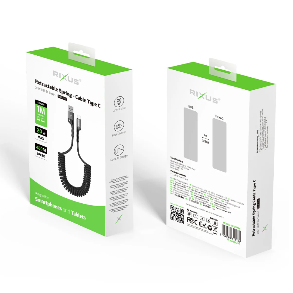 Rixus Udtrækkeligt USB til USB-C Opladerkabel (20W) - Pakkens indhold - reFix.dk