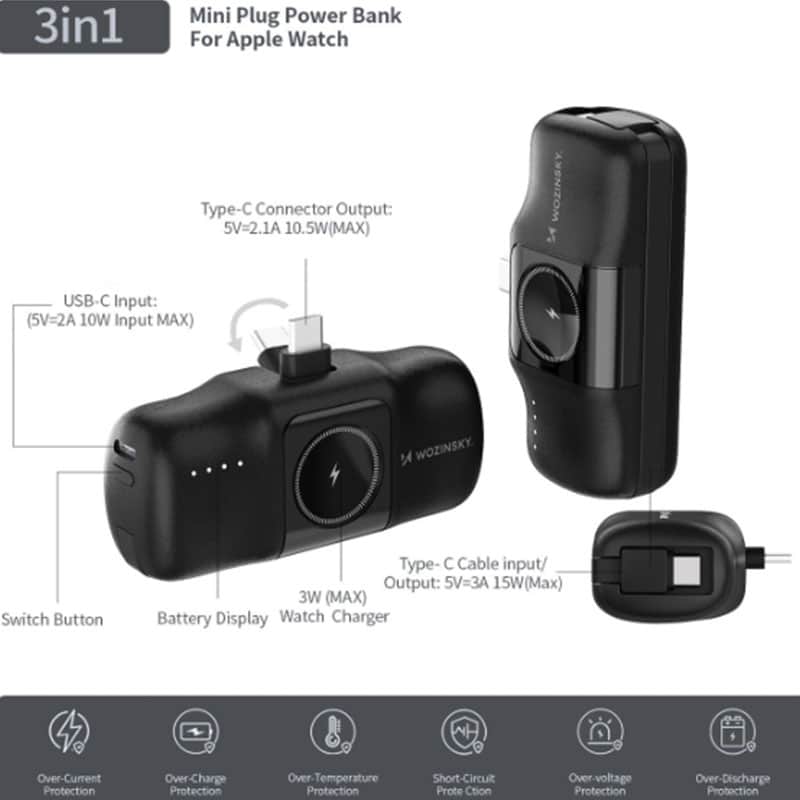 Wozinsky 3-i-1 Mini 5000mAh 15W Powerbank med USB-C - Specifikationer - reFix.dk