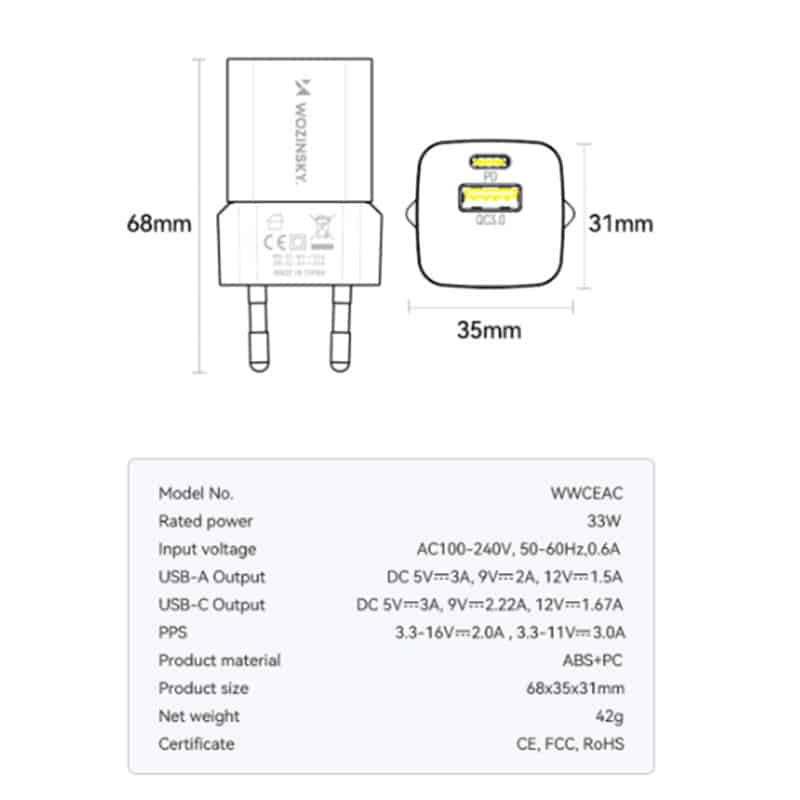 Wozinsky 33W GaN hurtig oplader (USB-A & USB-C) - Specifikationer - reFix.dk